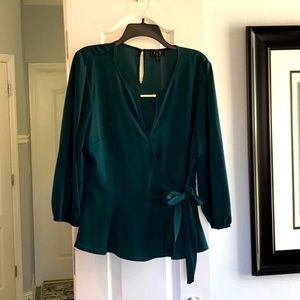 Teal, v-neck blouse with rhinestone detail